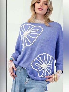 181 1X - 3X ❤️ EASEL FLOWER PATTERN KNIT SWEATER TOP